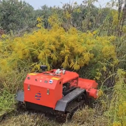 Remote control lawn mower cutting bushes